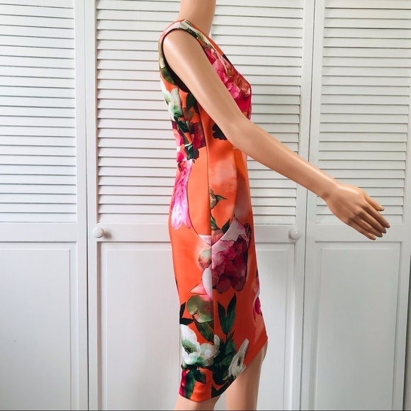 CALVIN KLEIN Orange Floral Sheath Sleeveless Dress Size Petite - Picture 4 of 8